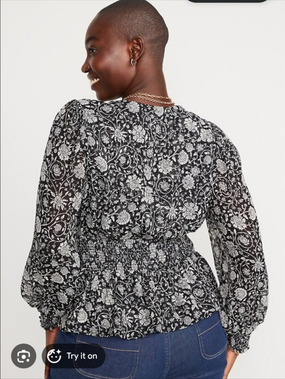 Old Navy Black Floral Smocked Waist Long-Sleeve Blouse